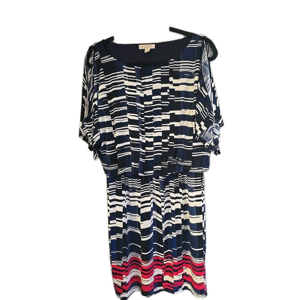 DB Navy Blue Abstract Cold Shoulder Waist Detail Casual Dress Womans Size Medium
